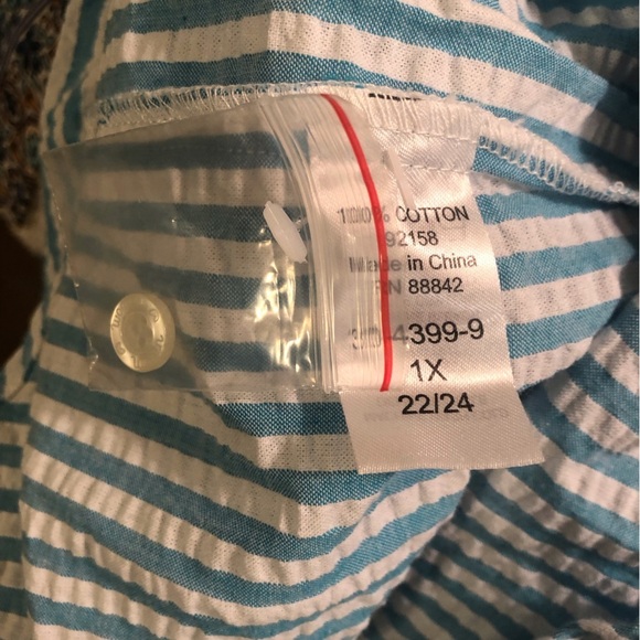 Woman Within 1X Blue and White Vertical Striped Button-Up Seersucker Blouse S/S - Picture 5 of 5